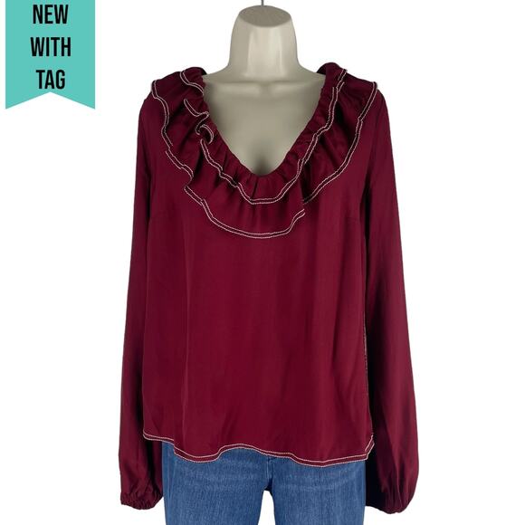 Tularosa Heather Blouse Ruffle Collar Tassel Tie Back Red Size L - Picture 3 of 10